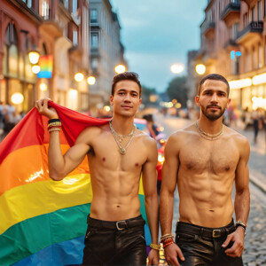 AI-generated Pride celebration art handsome men at vibrant LGBTQ+ Pride parades, embellished with rainbow colors, walking with pride, and celebrating love. By Jeff Dupler.