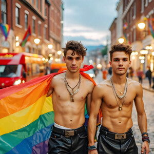 AI-generated Pride celebration art handsome men at vibrant LGBTQ+ Pride parades, embellished with rainbow colors, walking with pride, and celebrating love. By Jeff Dupler.