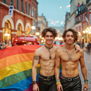 AI-generated Pride celebration art handsome men at vibrant LGBTQ+ Pride parades, embellished with rainbow colors, walking with pride, and celebrating love. By Jeff Dupler.