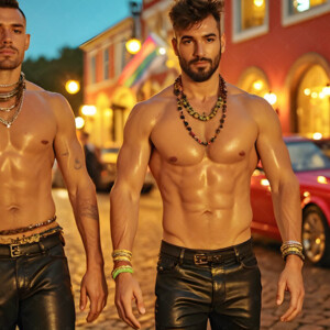 AI-generated Pride celebration art handsome men at vibrant LGBTQ+ Pride parades, embellished with rainbow colors, walking with pride, and celebrating love. By Jeff Dupler.