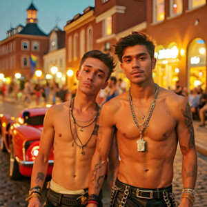 AI-generated Pride celebration art handsome men at vibrant LGBTQ+ Pride parades, embellished with rainbow colors, walking with pride, and celebrating love. By Jeff Dupler.