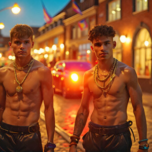 AI-generated Pride celebration art handsome men at vibrant LGBTQ+ Pride parades, embellished with rainbow colors, walking with pride, and celebrating love. By Jeff Dupler.