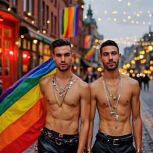 AI-generated Pride celebration art handsome men at vibrant LGBTQ+ Pride parades, embellished with rainbow colors, walking with pride, and celebrating love. By Jeff Dupler.