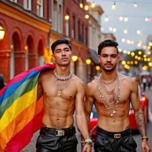 AI-generated Pride celebration art handsome men at vibrant LGBTQ+ Pride parades, embellished with rainbow colors, walking with pride, and celebrating love. By Jeff Dupler.