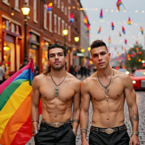 AI-generated Pride celebration art handsome men at vibrant LGBTQ+ Pride parades, embellished with rainbow colors, walking with pride, and celebrating love. By Jeff Dupler.