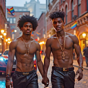 AI-generated Pride celebration art handsome men at vibrant LGBTQ+ Pride parades, embellished with rainbow colors, walking with pride, and celebrating love. By Jeff Dupler.