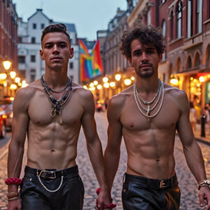 AI-generated Pride celebration art handsome men at vibrant LGBTQ+ Pride parades, embellished with rainbow colors, walking with pride, and celebrating love. By Jeff Dupler.