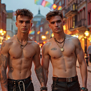 AI-generated Pride celebration art handsome men at vibrant LGBTQ+ Pride parades, embellished with rainbow colors, walking with pride, and celebrating love. By Jeff Dupler.