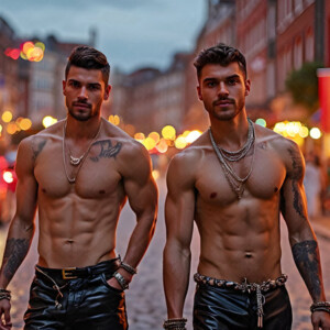 AI-generated Pride celebration art handsome men at vibrant LGBTQ+ Pride parades, embellished with rainbow colors, walking with pride, and celebrating love. By Jeff Dupler.