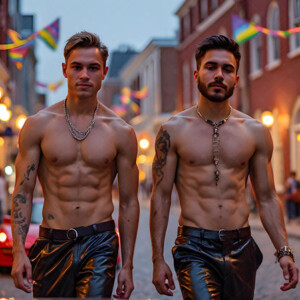 AI-generated Pride celebration art handsome men at vibrant LGBTQ+ Pride parades, embellished with rainbow colors, walking with pride, and celebrating love. By Jeff Dupler.