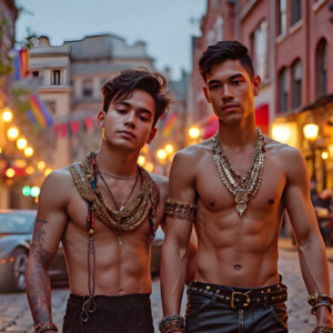 AI-generated Pride celebration art handsome men at vibrant LGBTQ+ Pride parades, embellished with rainbow colors, walking with pride, and celebrating love. By Jeff Dupler.