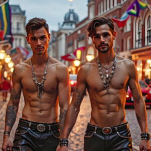 AI-generated Pride celebration art handsome men at vibrant LGBTQ+ Pride parades, embellished with rainbow colors, walking with pride, and celebrating love. By Jeff Dupler.