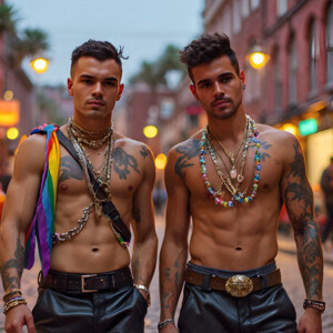 AI-generated Pride celebration art handsome men at vibrant LGBTQ+ Pride parades, embellished with rainbow colors, walking with pride, and celebrating love. By Jeff Dupler.