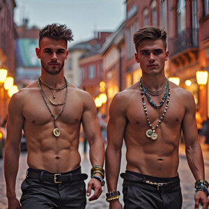 AI-generated Pride celebration art handsome men at vibrant LGBTQ+ Pride parades, embellished with rainbow colors, walking with pride, and celebrating love. By Jeff Dupler.