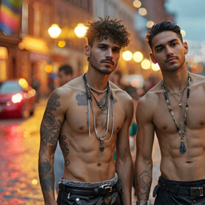 AI-generated Pride celebration art handsome men at vibrant LGBTQ+ Pride parades, embellished with rainbow colors, walking with pride, and celebrating love. By Jeff Dupler.