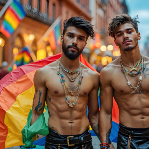 AI-generated Pride celebration art handsome men at vibrant LGBTQ+ Pride parades, embellished with rainbow colors, walking with pride, and celebrating love. By Jeff Dupler.