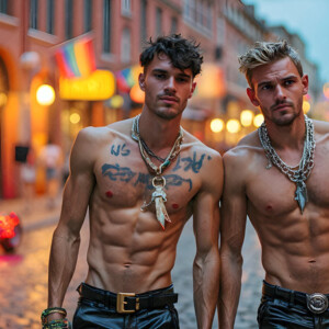 AI-generated Pride celebration art handsome men at vibrant LGBTQ+ Pride parades, embellished with rainbow colors, walking with pride, and celebrating love. By Jeff Dupler.