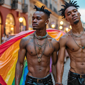 AI-generated Pride celebration art handsome men at vibrant LGBTQ+ Pride parades, embellished with rainbow colors, walking with pride, and celebrating love. By Jeff Dupler.