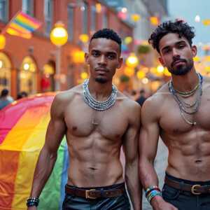 AI-generated Pride celebration art handsome men at vibrant LGBTQ+ Pride parades, embellished with rainbow colors, walking with pride, and celebrating love. By Jeff Dupler.