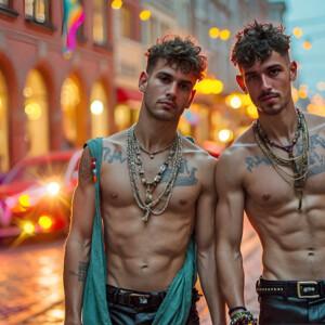 AI-generated Pride celebration art handsome men at vibrant LGBTQ+ Pride parades, embellished with rainbow colors, walking with pride, and celebrating love. By Jeff Dupler.