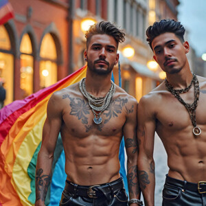 AI-generated Pride celebration art handsome men at vibrant LGBTQ+ Pride parades, embellished with rainbow colors, walking with pride, and celebrating love. By Jeff Dupler.