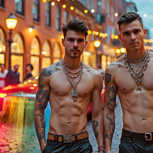 AI-generated Pride celebration art handsome men at vibrant LGBTQ+ Pride parades, embellished with rainbow colors, walking with pride, and celebrating love. By Jeff Dupler.