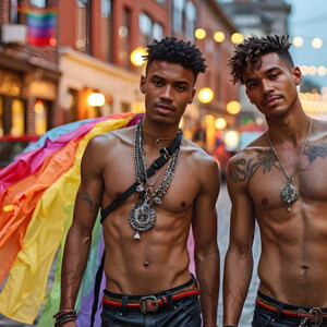 AI-generated Pride celebration art handsome men at vibrant LGBTQ+ Pride parades, embellished with rainbow colors, walking with pride, and celebrating love. By Jeff Dupler.