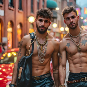 AI-generated Pride celebration art handsome men at vibrant LGBTQ+ Pride parades, embellished with rainbow colors, walking with pride, and celebrating love. By Jeff Dupler.