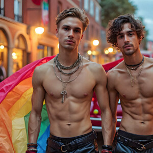 AI-generated Pride celebration art handsome men at vibrant LGBTQ+ Pride parades, embellished with rainbow colors, walking with pride, and celebrating love. By Jeff Dupler.