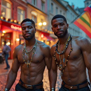 AI-generated Pride celebration art handsome men at vibrant LGBTQ+ Pride parades, embellished with rainbow colors, walking with pride, and celebrating love. By Jeff Dupler.