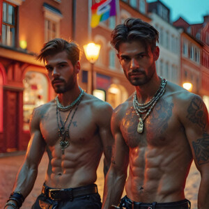 AI-generated Pride celebration art handsome men at vibrant LGBTQ+ Pride parades, embellished with rainbow colors, walking with pride, and celebrating love. By Jeff Dupler.