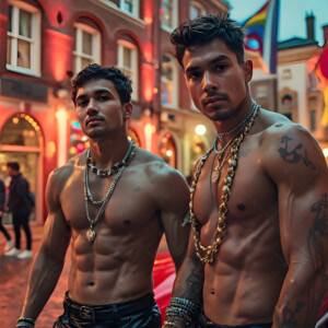 AI-generated Pride celebration art handsome men at vibrant LGBTQ+ Pride parades, embellished with rainbow colors, walking with pride, and celebrating love. By Jeff Dupler.