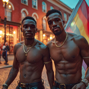 AI-generated Pride celebration art handsome men at vibrant LGBTQ+ Pride parades, embellished with rainbow colors, walking with pride, and celebrating love. By Jeff Dupler.