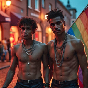 AI-generated Pride celebration art handsome men at vibrant LGBTQ+ Pride parades, embellished with rainbow colors, walking with pride, and celebrating love. By Jeff Dupler.