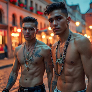 AI-generated Pride celebration art handsome men at vibrant LGBTQ+ Pride parades, embellished with rainbow colors, walking with pride, and celebrating love. By Jeff Dupler.