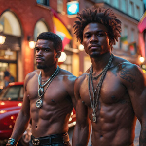 AI-generated Pride celebration art handsome men at vibrant LGBTQ+ Pride parades, embellished with rainbow colors, walking with pride, and celebrating love. By Jeff Dupler.