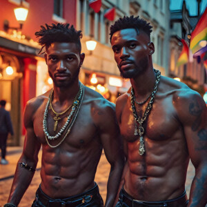 AI-generated Pride celebration art handsome men at vibrant LGBTQ+ Pride parades, embellished with rainbow colors, walking with pride, and celebrating love. By Jeff Dupler.