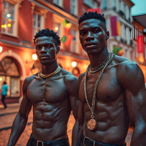 AI-generated Pride celebration art handsome men at vibrant LGBTQ+ Pride parades, embellished with rainbow colors, walking with pride, and celebrating love. By Jeff Dupler.