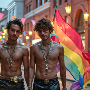 AI-generated Pride celebration art handsome men at vibrant LGBTQ+ Pride parades, embellished with rainbow colors, walking with pride, and celebrating love. By Jeff Dupler.