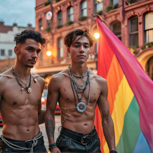 AI-generated Pride celebration art handsome men at vibrant LGBTQ+ Pride parades, embellished with rainbow colors, walking with pride, and celebrating love. By Jeff Dupler.