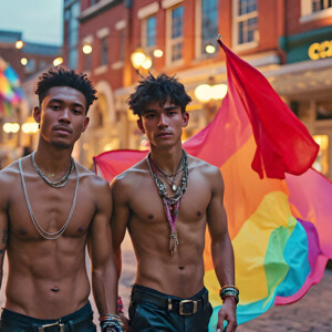 AI-generated Pride celebration art handsome men at vibrant LGBTQ+ Pride parades, embellished with rainbow colors, walking with pride, and celebrating love. By Jeff Dupler.