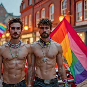 AI-generated Pride celebration art handsome men at vibrant LGBTQ+ Pride parades, embellished with rainbow colors, walking with pride, and celebrating love. By Jeff Dupler.