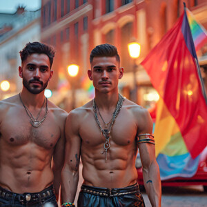 AI-generated Pride celebration art handsome men at vibrant LGBTQ+ Pride parades, embellished with rainbow colors, walking with pride, and celebrating love. By Jeff Dupler.