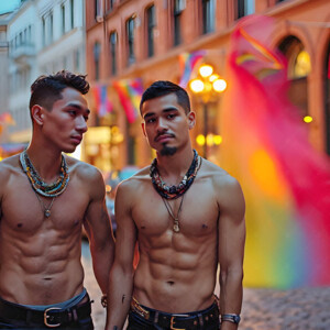 AI-generated Pride celebration art handsome men at vibrant LGBTQ+ Pride parades, embellished with rainbow colors, walking with pride, and celebrating love. By Jeff Dupler.