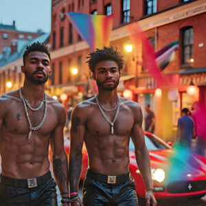 AI-generated Pride celebration art handsome men at vibrant LGBTQ+ Pride parades, embellished with rainbow colors, walking with pride, and celebrating love. By Jeff Dupler.