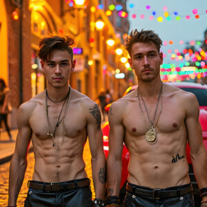 AI-generated Pride celebration art handsome men at vibrant LGBTQ+ Pride parades, embellished with rainbow colors, walking with pride, and celebrating love. By Jeff Dupler.