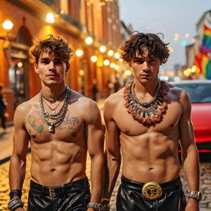 AI-generated Pride celebration art handsome men at vibrant LGBTQ+ Pride parades, embellished with rainbow colors, walking with pride, and celebrating love. By Jeff Dupler.
