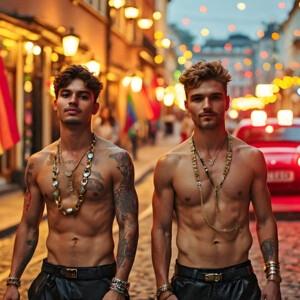 AI-generated Pride celebration art handsome men at vibrant LGBTQ+ Pride parades, embellished with rainbow colors, walking with pride, and celebrating love. By Jeff Dupler.