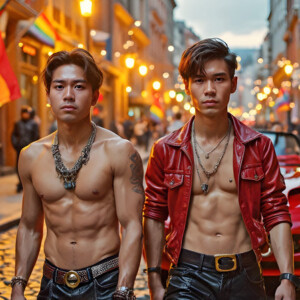 AI-generated Pride celebration art handsome men at vibrant LGBTQ+ Pride parades, embellished with rainbow colors, walking with pride, and celebrating love. By Jeff Dupler.