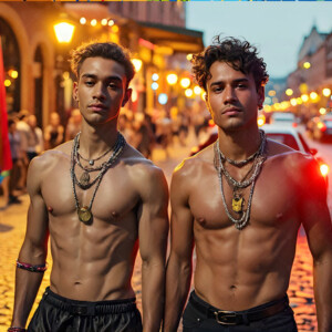 AI-generated Pride celebration art handsome men at vibrant LGBTQ+ Pride parades, embellished with rainbow colors, walking with pride, and celebrating love. By Jeff Dupler.